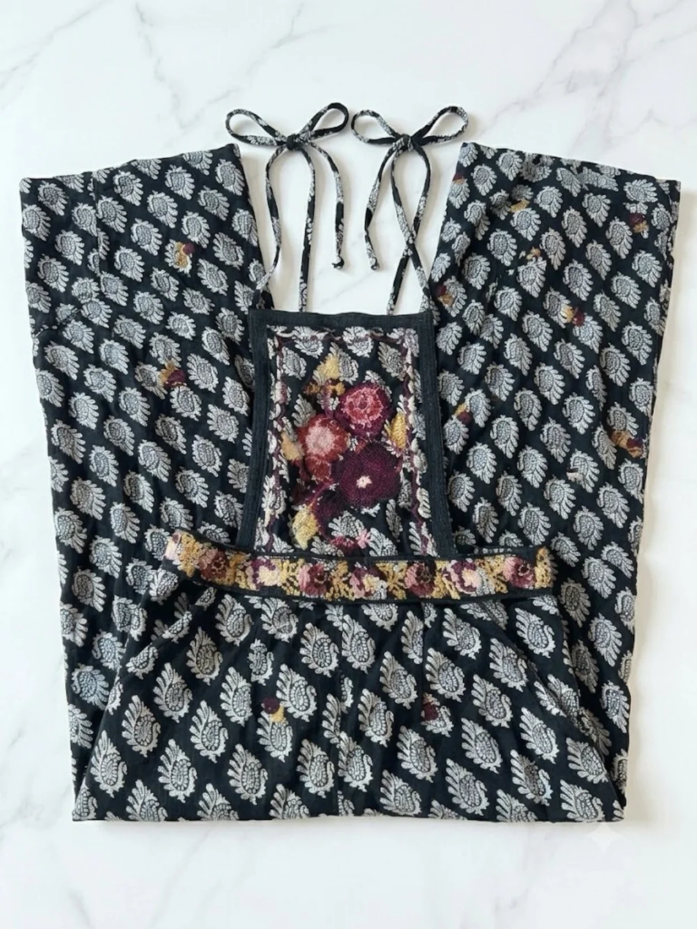 Anthropologie Overalls with White Paisley and Yellow-Pink Floral Accents